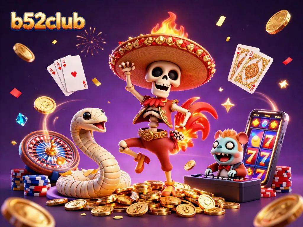 Engage with b52clubb's vibrant casino scene featuring a animated mariachi rooster celebrating amidst dazzling slot machines and poker chips.