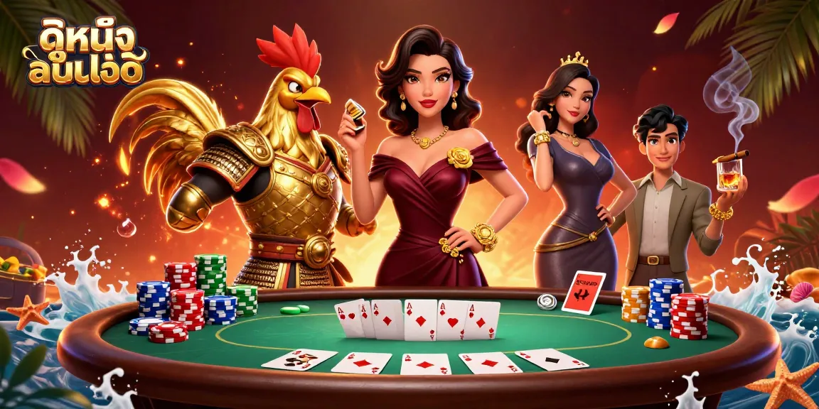 Engage in ดูหนังออนไลน์ with an entertaining dynamic 3D casino scene featuring poker elements and vibrant characters.