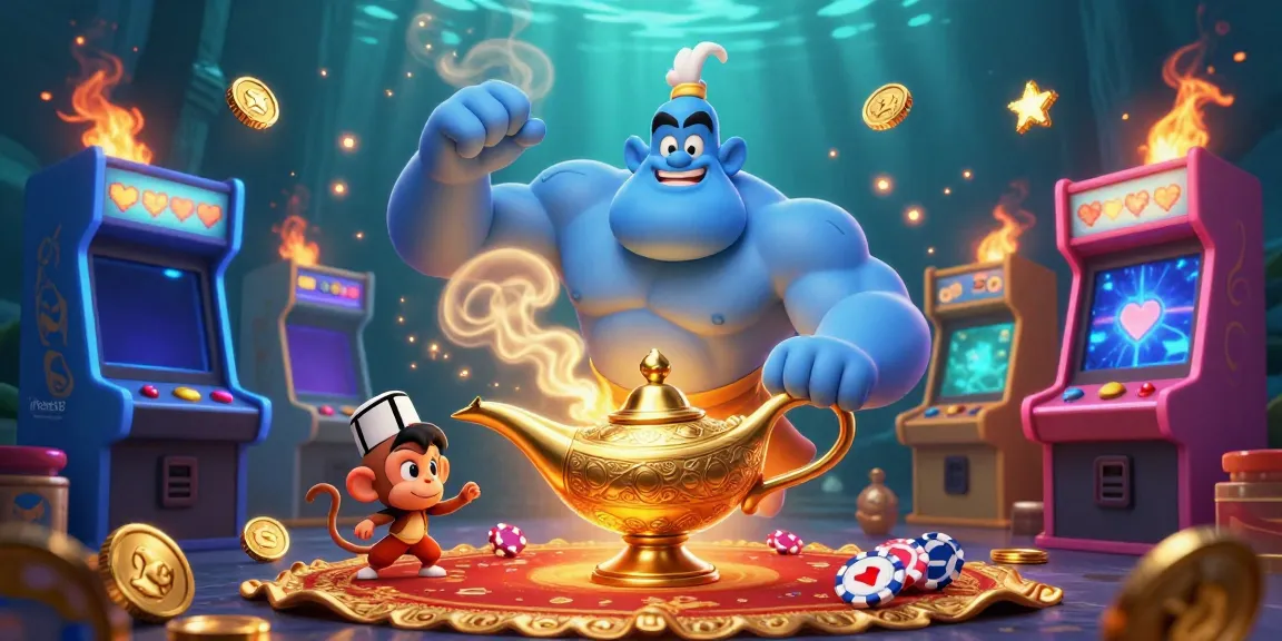 Experience thrilling gaming action with net88 in a vibrant 3D casino scene featuring a genie, monkey, and poker chips.