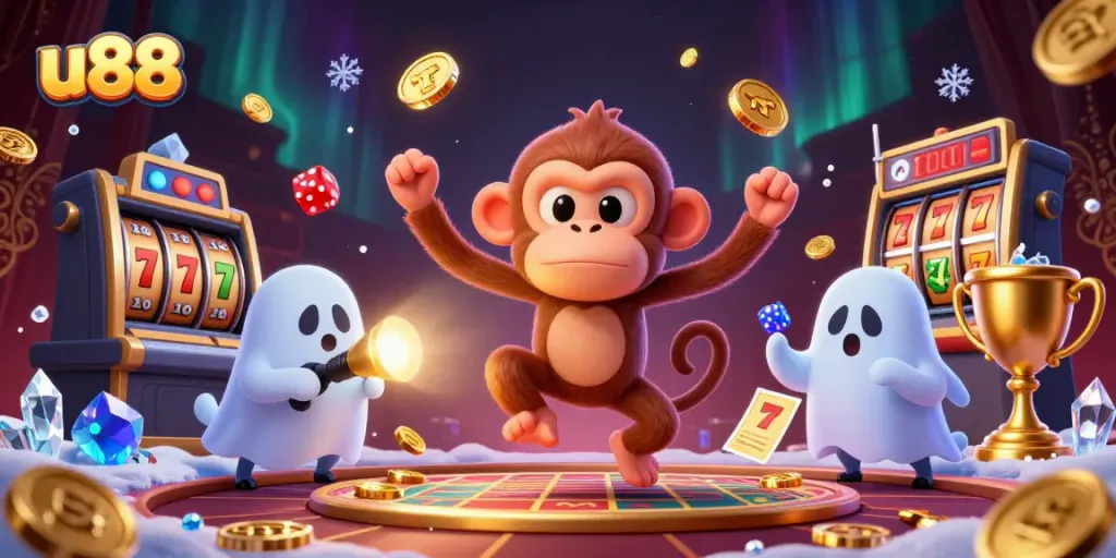 Experience thrilling casino action with u88's dynamic 3D gaming scene, featuring playful characters and vibrant elements.