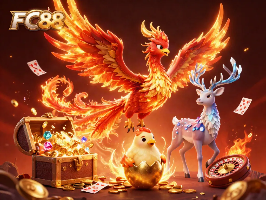 Engage in thrilling gameplay at FC88 with vibrant phoenix symbols and dynamic casino elements.
