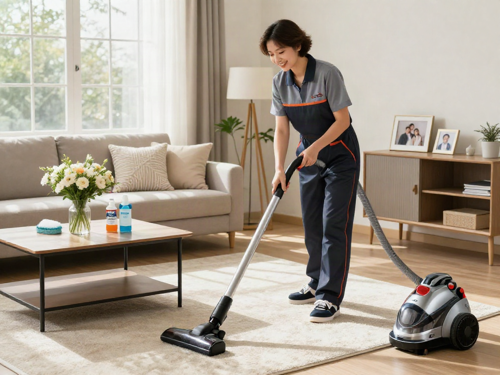 Professional cleaner using a vacuum in a bright living room, showcasing effective home cleaning with slot 10k.