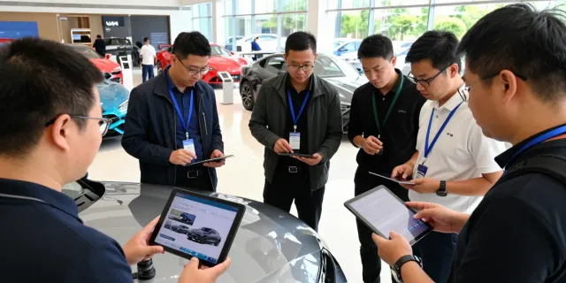Car enthusiasts discussing car review summaries in a bright showroom.