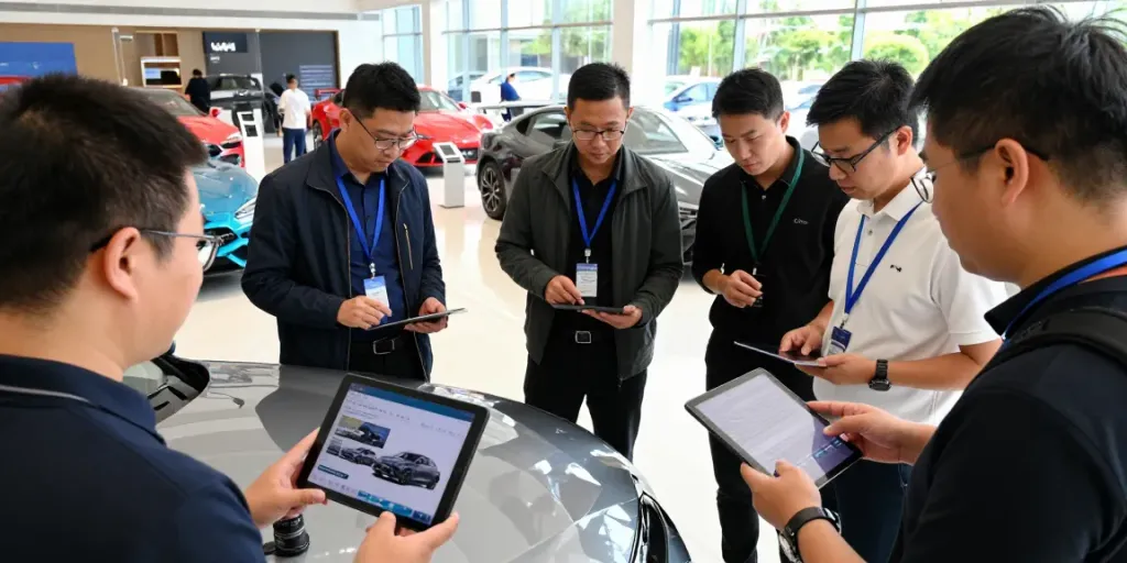 Car enthusiasts discussing car review summaries in a bright showroom.