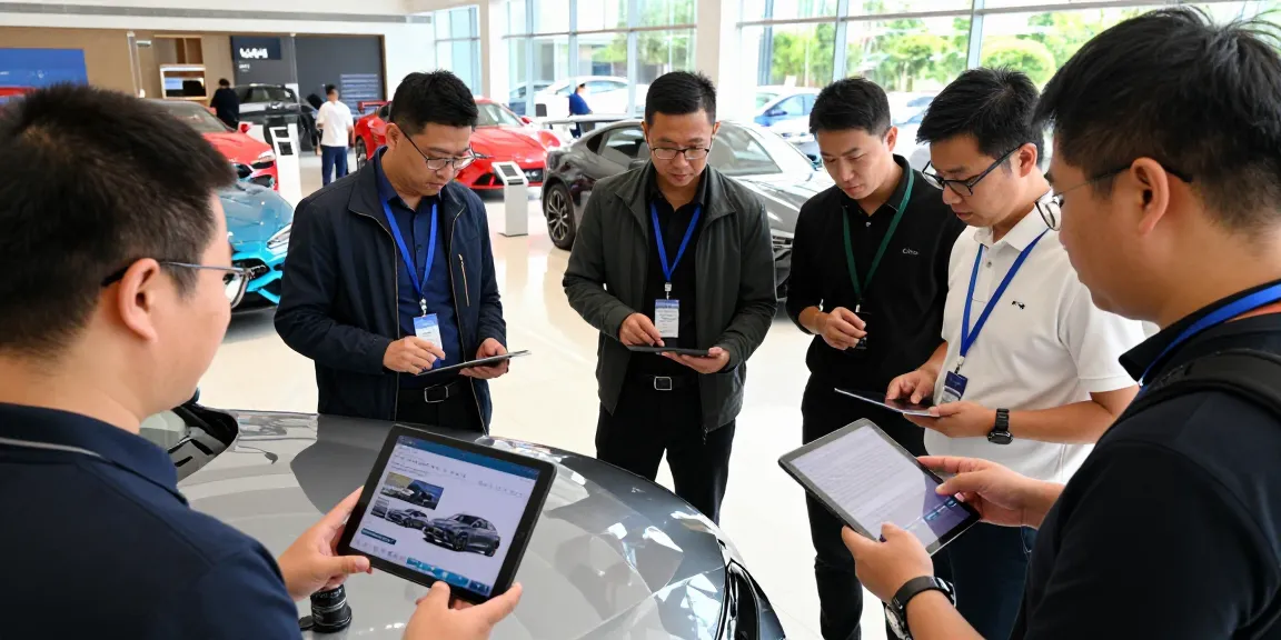 Car enthusiasts discussing car review summaries in a bright showroom.