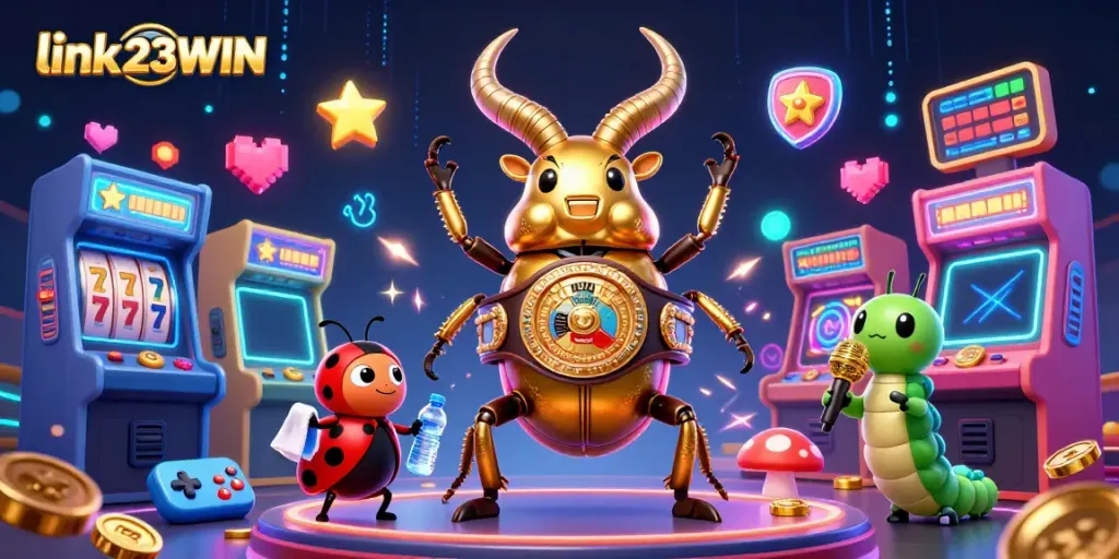 Spin to win with link 23WIN in this vibrant 3D casino illustration showcasing gaming elements and characters.