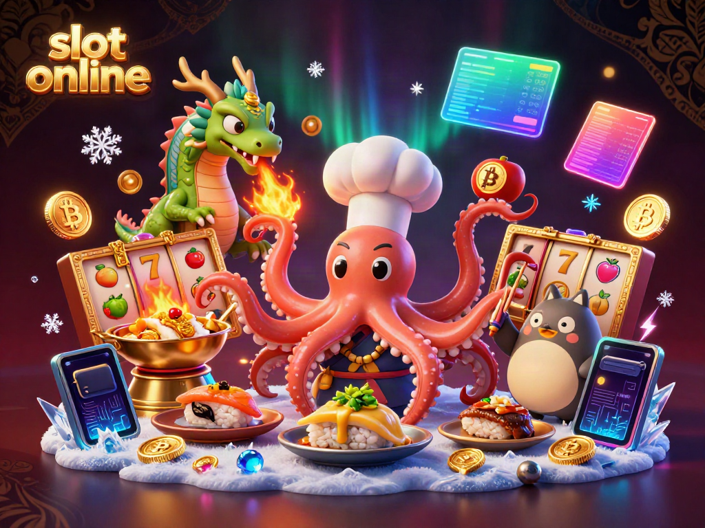 Engage with slot online excitement in this dynamic 3D illustration featuring a sushi chef octopus and friends.