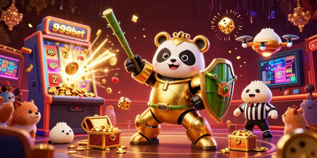 Experience the thrilling casino atmosphere of 999bet with a vibrant 3D scene featuring a golden panda in a mech-suit.