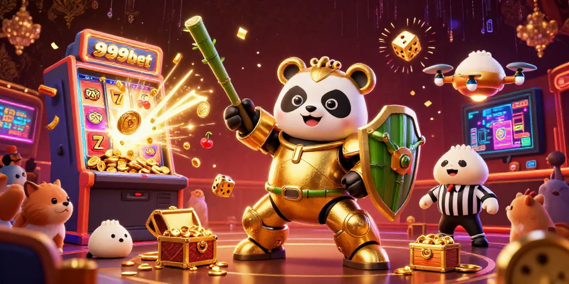 Experience the thrilling casino atmosphere of 999bet with a vibrant 3D scene featuring a golden panda in a mech-suit.