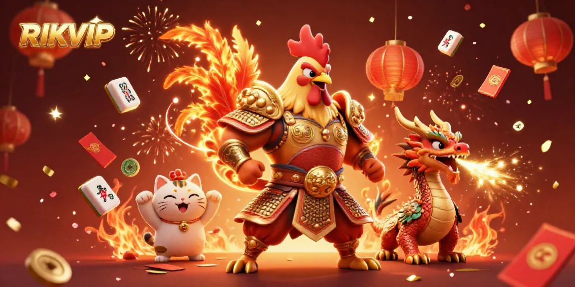 Experience RIKVIP with a vibrant 3D illustration featuring a fighting rooster warrior alongside a dragon hatchling, embodying excitement in online gaming.