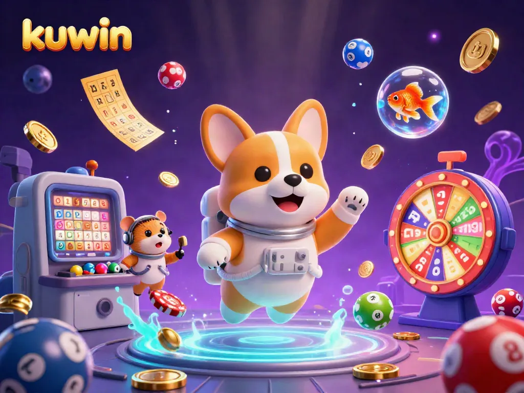 Kuwin's astronaut corgi enjoys casino games and floating coins in a vibrant space-themed illustration.