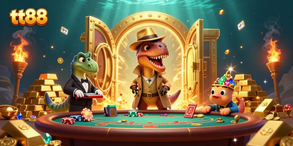 Join the excitement at tt88, featuring a velociraptor card counter and vibrant casino elements!