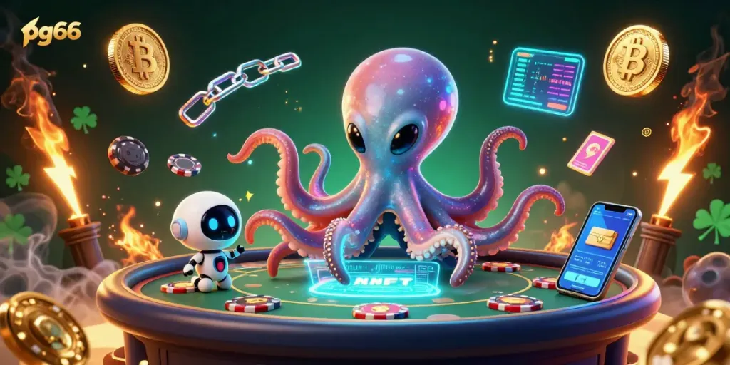 Engage in thrilling gameplay at pg66 with a dynamic 3D illustration showcasing crypto elements and alien characters.
