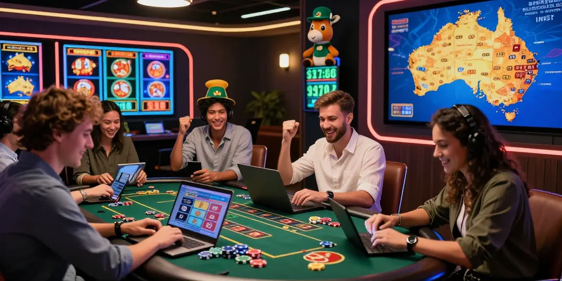 Engaged players enjoying the best online casinos with vibrant games and Australian-themed décor.