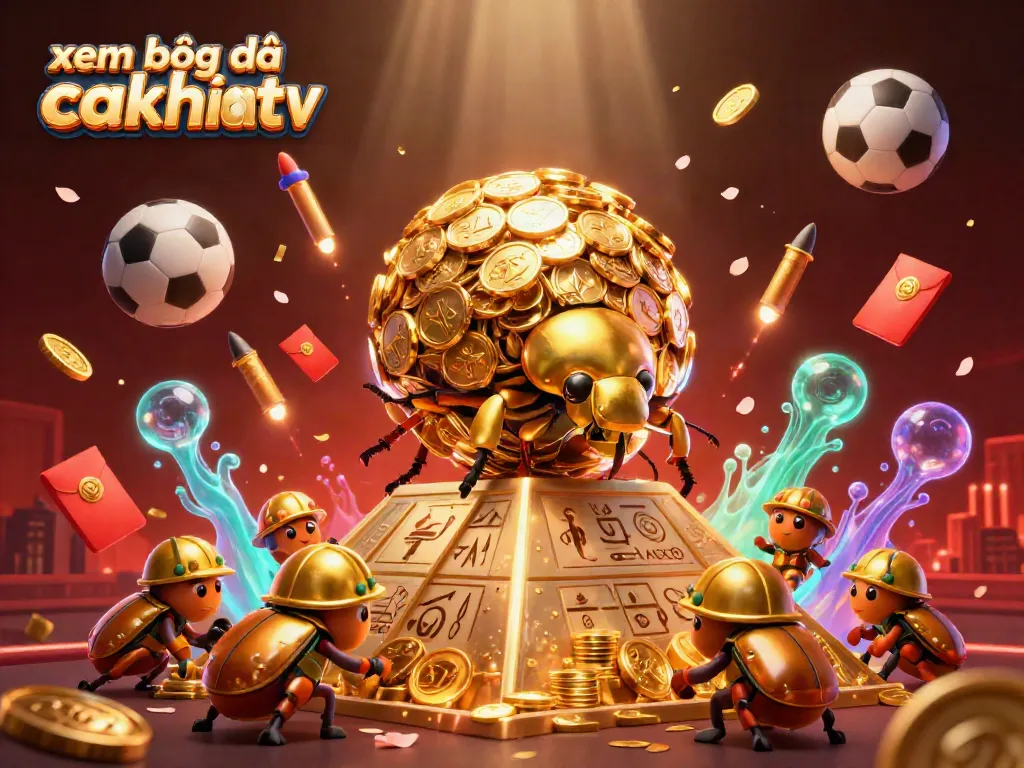 Xem bóng đá cakhiatv dynamic scene featuring golden beetles and sports elements, showcasing vibrant action