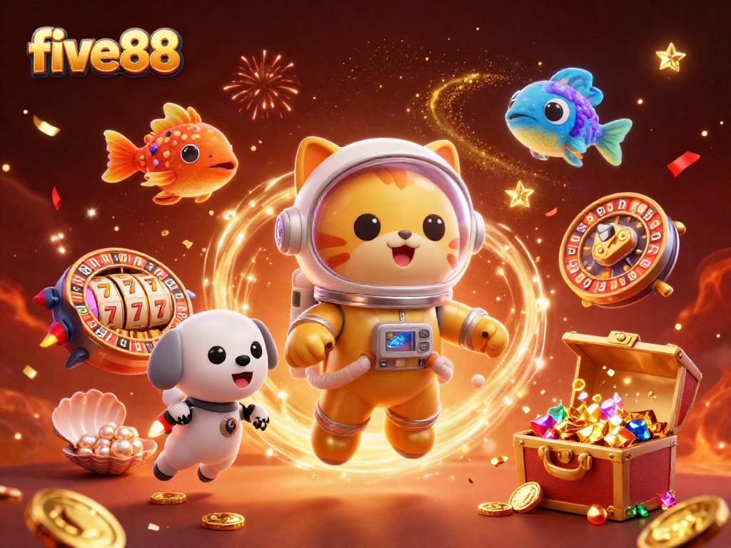 Experience the thrilling gaming universe of five88 with a golden astronaut cat and robot dog amidst casino elements, celebrating with vivid visuals.