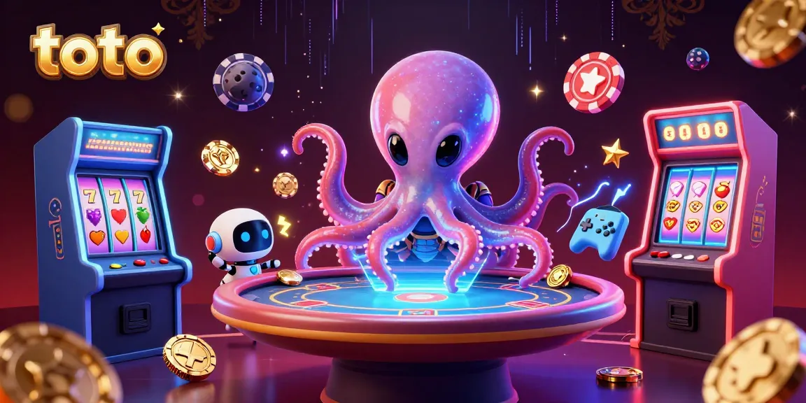 Engage in thrilling toto casino action with an alien octopus and robot at a poker table.