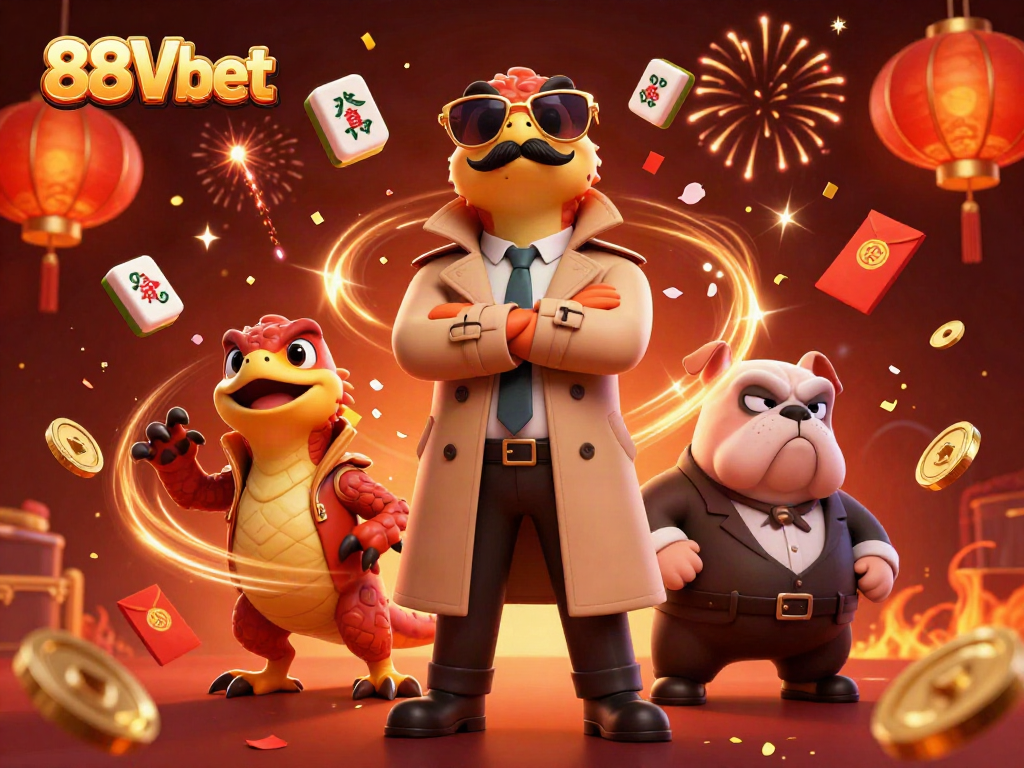 Play exciting games at 88Vbet with cartoon raptors entering a VIP casino lounge.