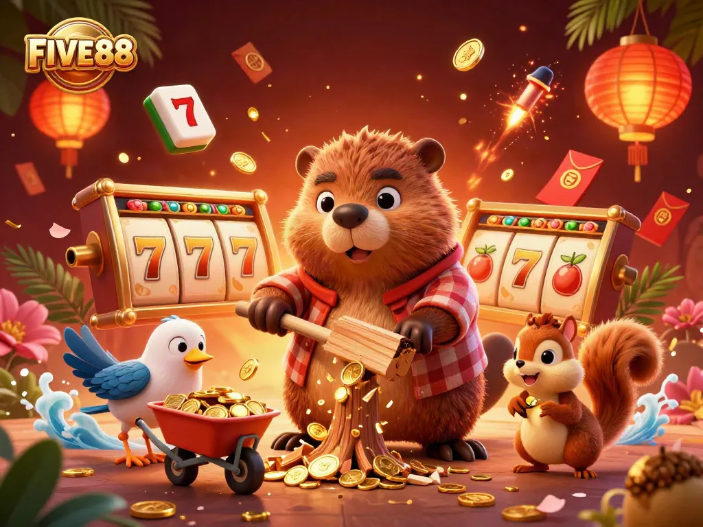 Engage with FIVE88's vibrant casino adventure featuring a beaver collecting golden coins.
