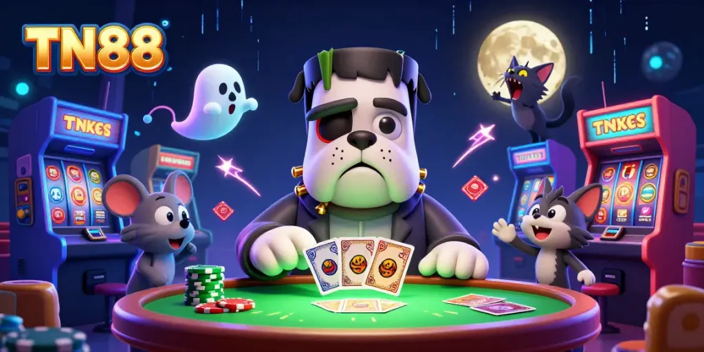 Engage in thrilling gameplay with TN88 as a bulldog dealer surrounded by spooky and colorful casino elements.