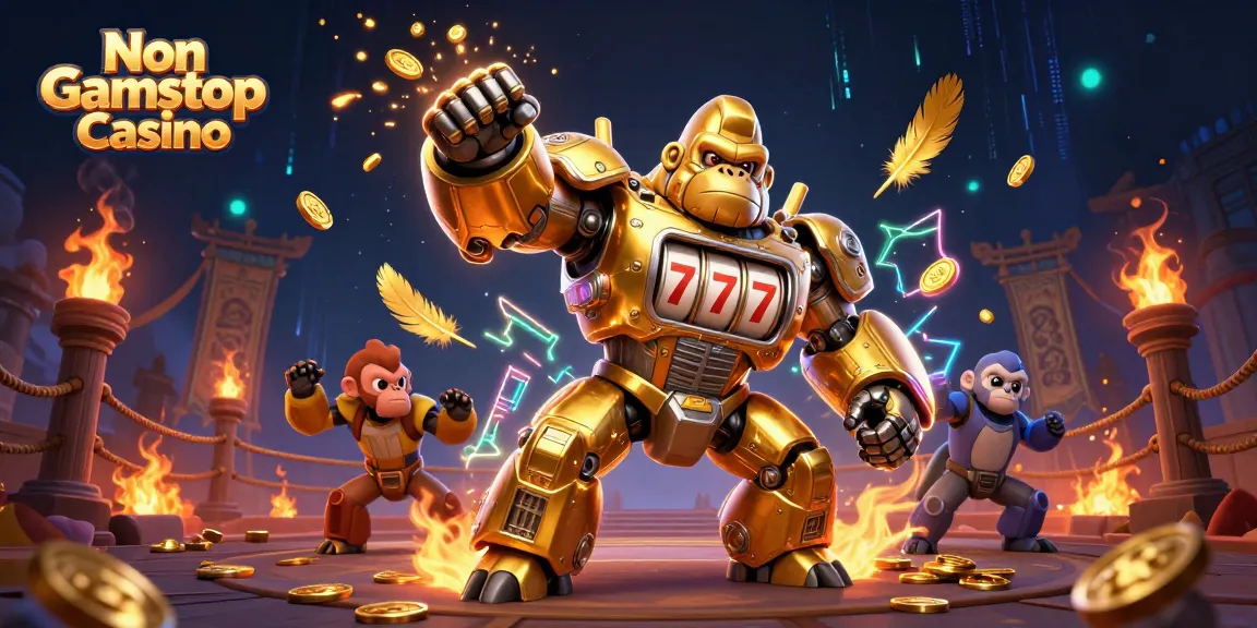 Engage with the vibrant Non Gamstop Casino scene featuring a golden gorilla mech and immersive casino elements.