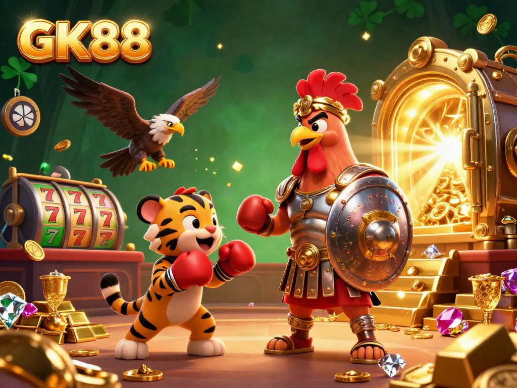 Experience GK88 action with a dynamic scene featuring a gladiator rooster and gold treasures.