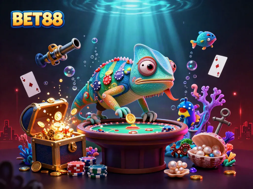 Experience thrilling gambling action with BET88 as a vibrant chameleon casino owner captures golden coins.
