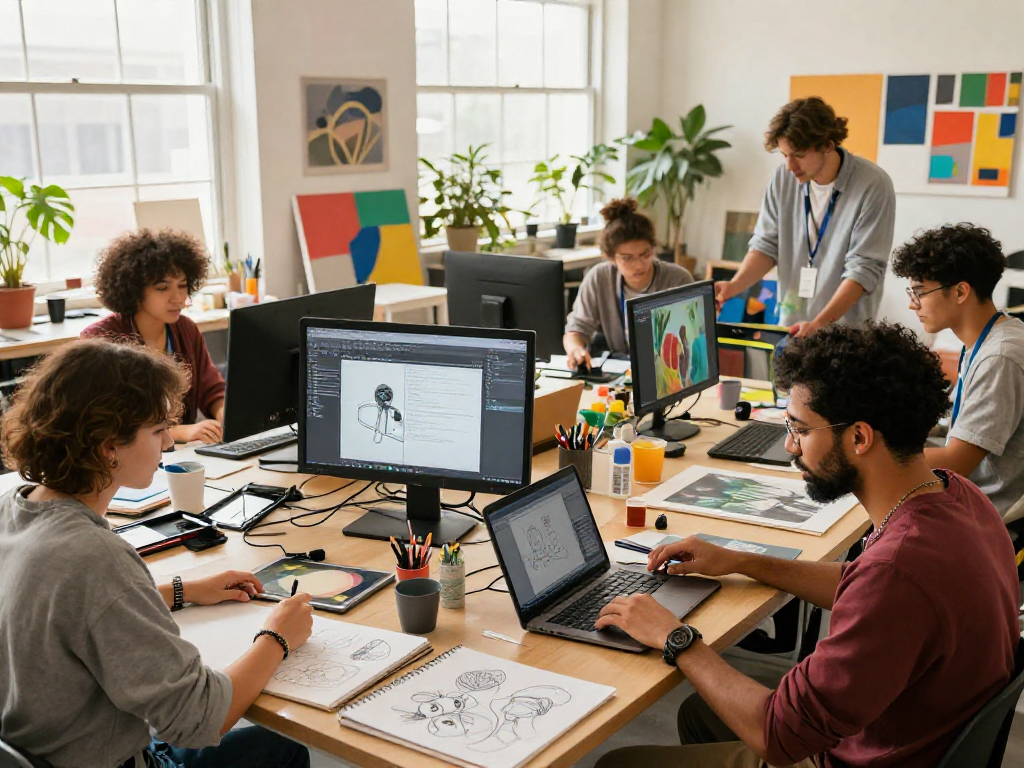 Collaborative artists creating AI-generated NSFW art in a vibrant studio.