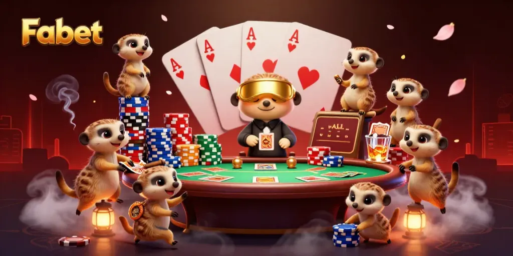 Fabet showcases meerkats operating a vibrant casino with poker elements, highlighting playful gambling dynamics.