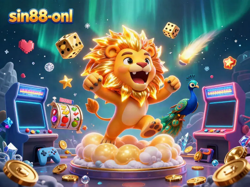Engage with the casino excitement at sin88-onl featuring a majestic lion and golden dice, surrounded by game symbols.