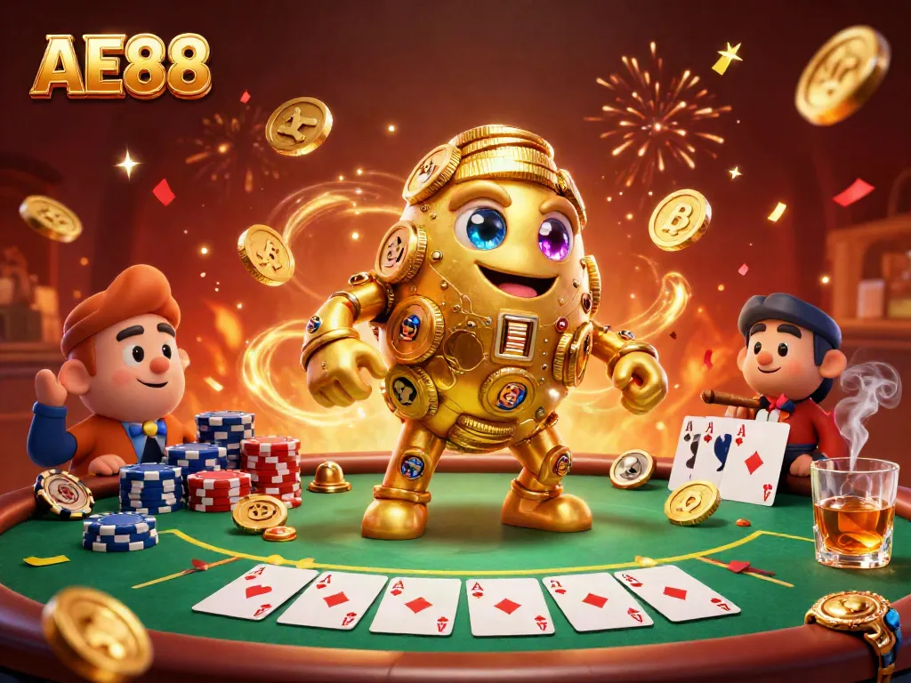 Experience the excitement of AE88 with a vibrant casino scene featuring a golden golem, poker elements, and festive energy.