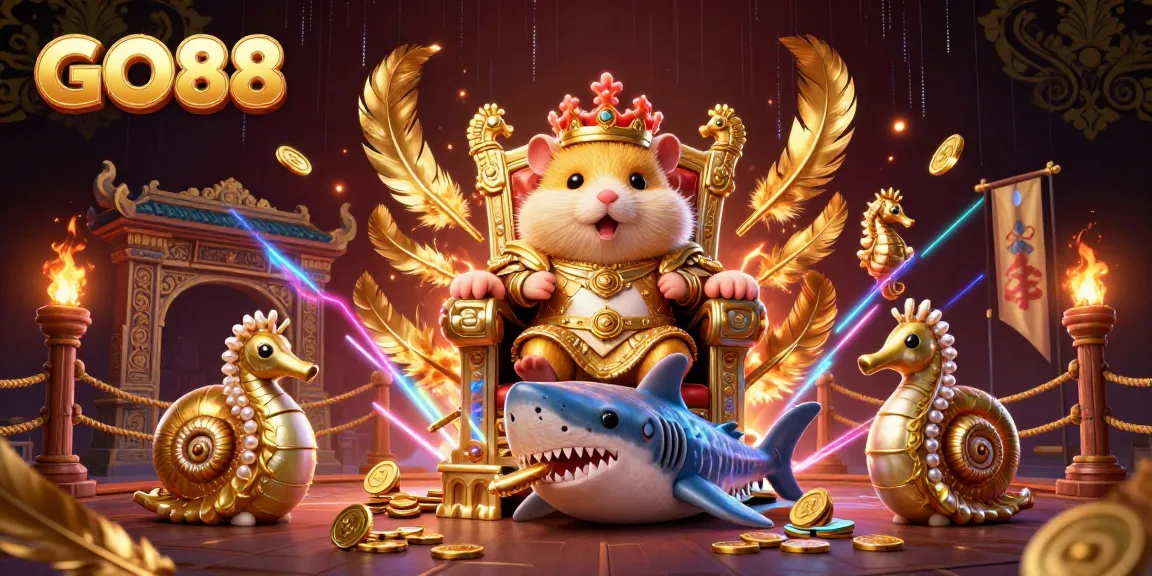 Experience GO88's vibrant casino action with the golden hamster king, dynamic royal guards, and gambling elements.