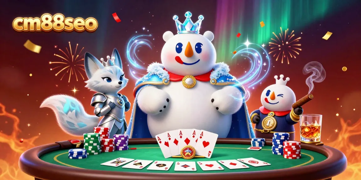 Engage with cm88seo’s vibrant casino scene featuring a polar bear and a snow fox in a poker atmosphere.