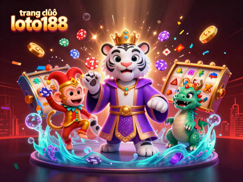 Experience the excitement of trang chủ loto188 with a lively casino scene featuring a majestic tiger and playful monkey.