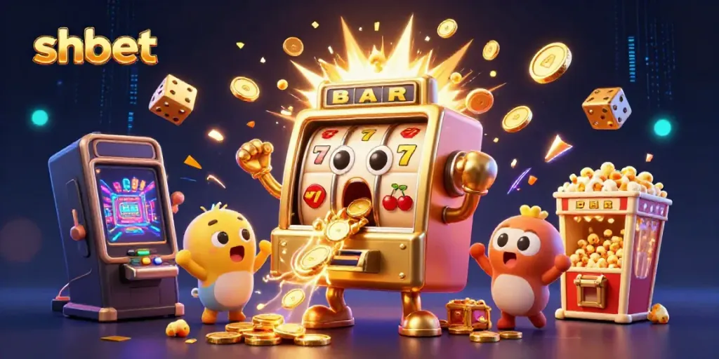 Spin and win at shbet with interactive golden slot machines and coins flying around.