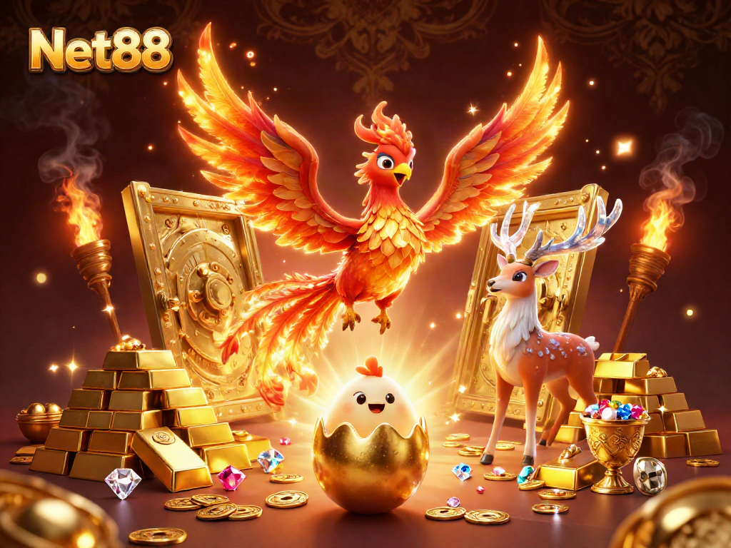 Engage in thrilling bets at Net88, featuring a fire phoenix and a mystical stag within a dazzling casino scene.