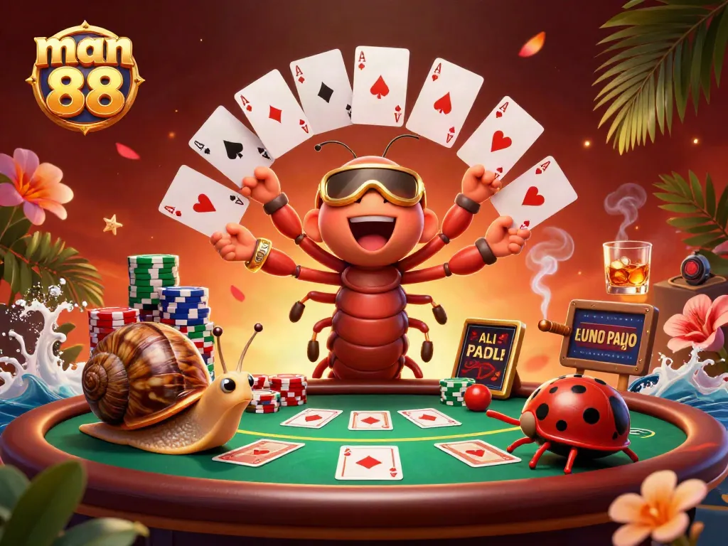 Experience the excitement of man 88 poker with a vibrant 3D digital illustration capturing characters and casino elements.