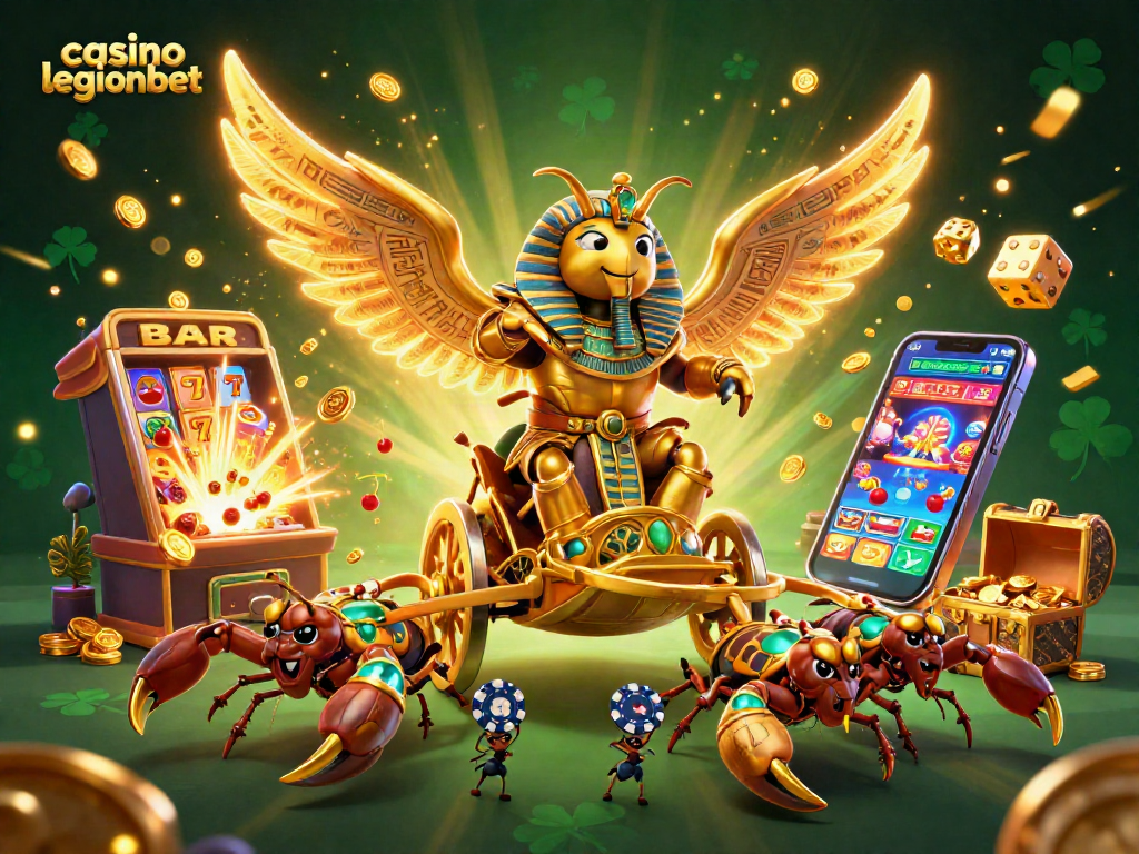 Join the action at casino legionbet with a golden scarab beetle and thrilling game symbols.