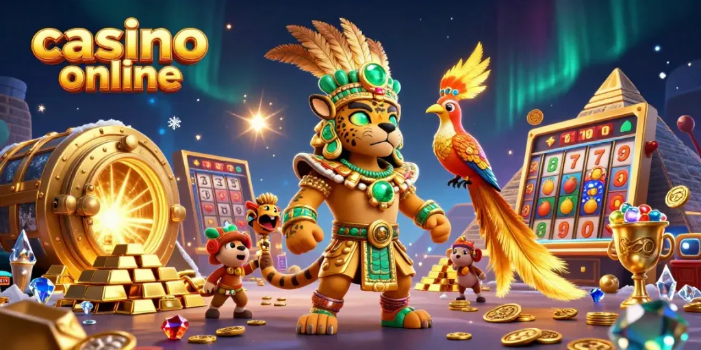 Engage in thrilling casino online adventure with vibrant 3D scene showcasing festive jackpots and treasure.
