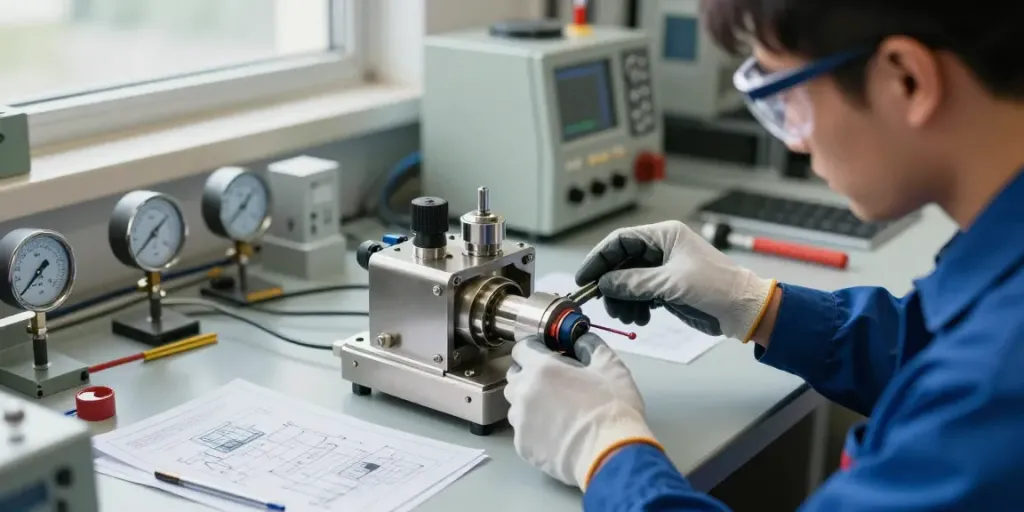 Technician calibrating a mechanical vacuum switch in a well-lit industrial workspace, showcasing precision engineering.