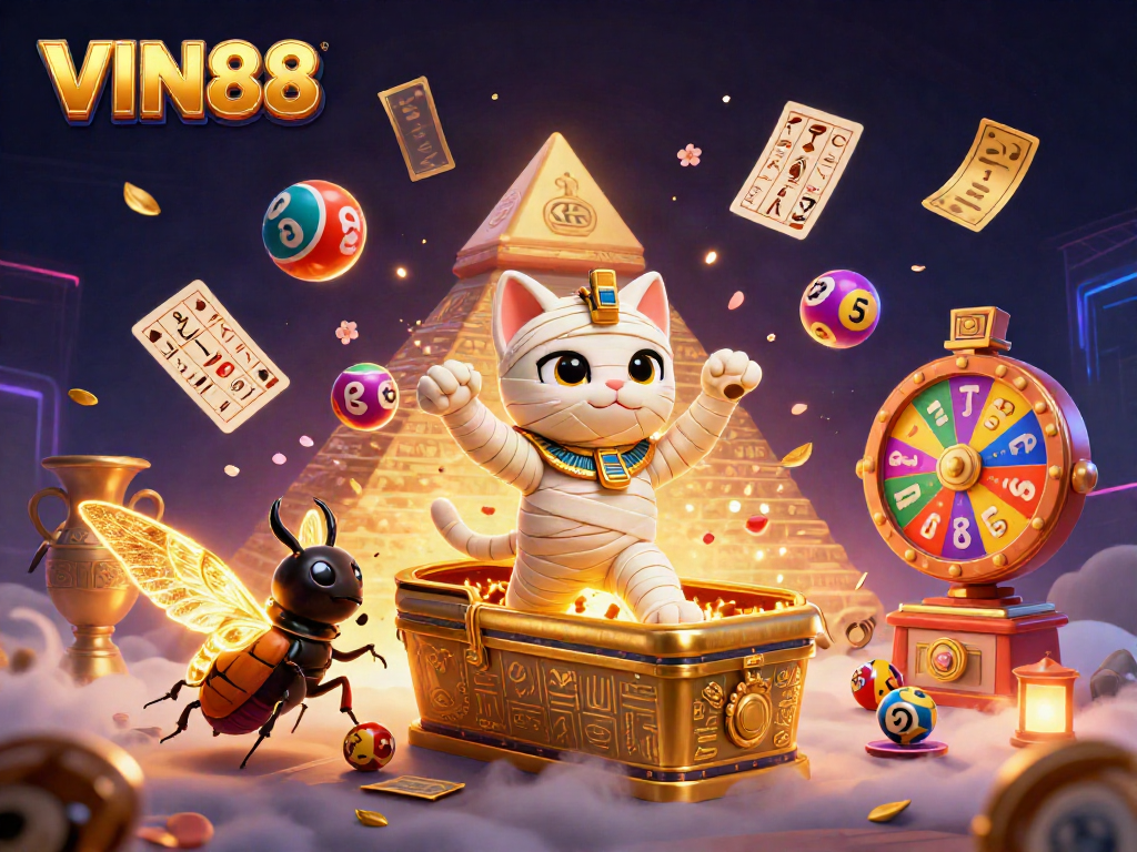 Experience winning with VIN88's thrilling casino adventure featuring a mummy cat.