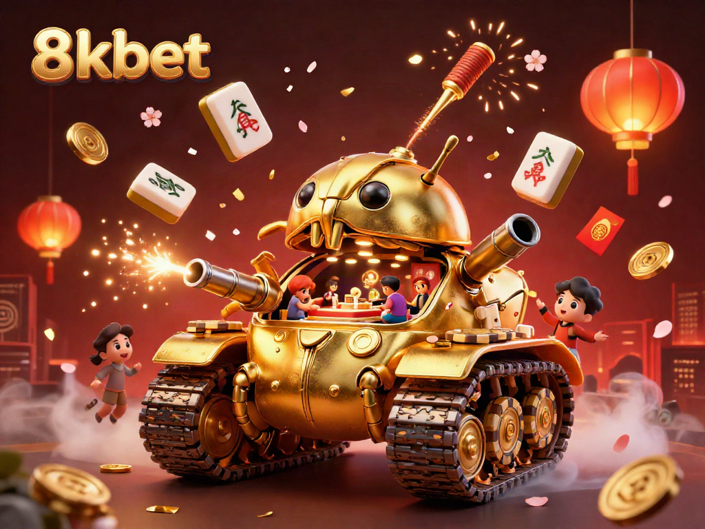 Experience the vibrant 8kbet casino world with a golden beetle tank casino illustration filled with dynamic gaming elements.