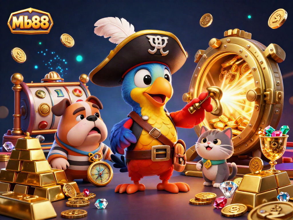 Mb88 engages players with gold coins and dazzling treasures in a vibrant casino-themed scene.