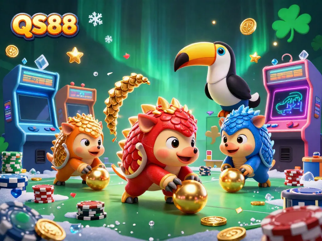 Experience the excitement of QS88 with rival pangolins, colorful arcade elements, and festive casino vibes.