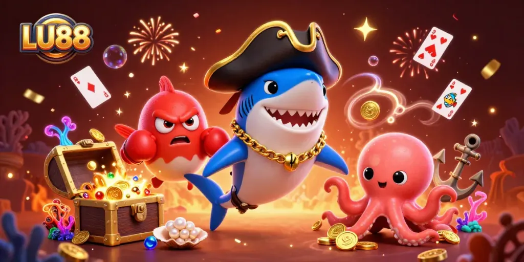 Engage with LU88's vibrant casino experience featuring animated aquatic characters and gold treasures.