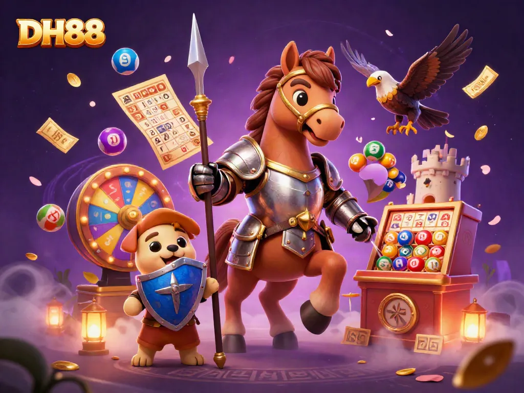 Engage in thrilling DH88 experiences with a vibrant casino scene featuring games, knights, and lively action.