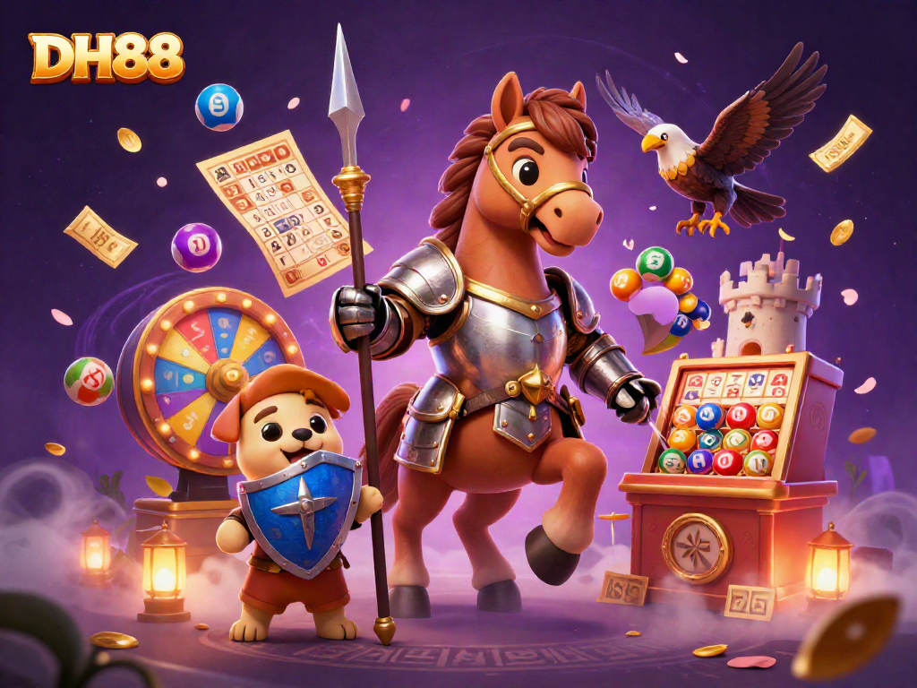 Engage in thrilling DH88 experiences with a vibrant casino scene featuring games, knights, and lively action.