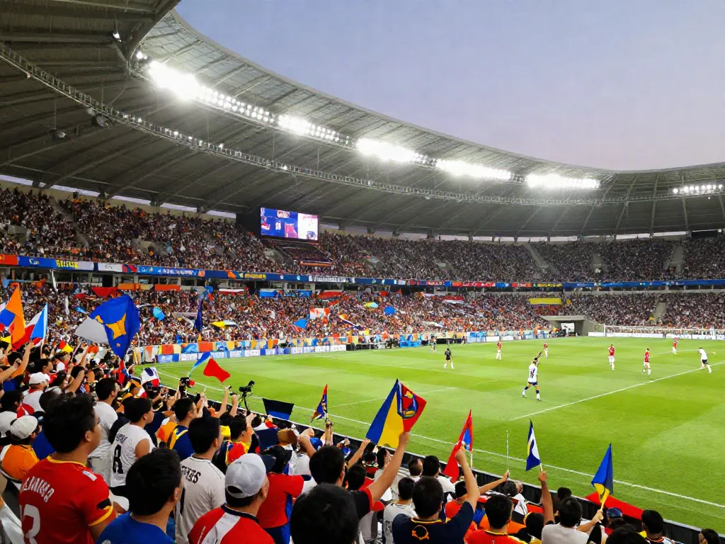 Xoilactv fans cheering passionately at a football match, vibrant stadium atmosphere.