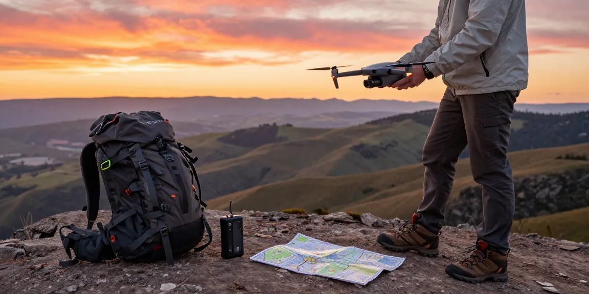 Individual preparing to fly an F168 drone at a scenic viewpoint during golden hour.