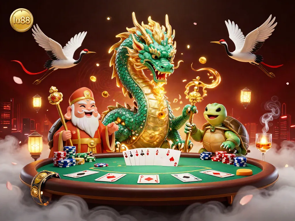 Experience the excitement of LU88 casino with a jade dragon and vibrant poker elements.